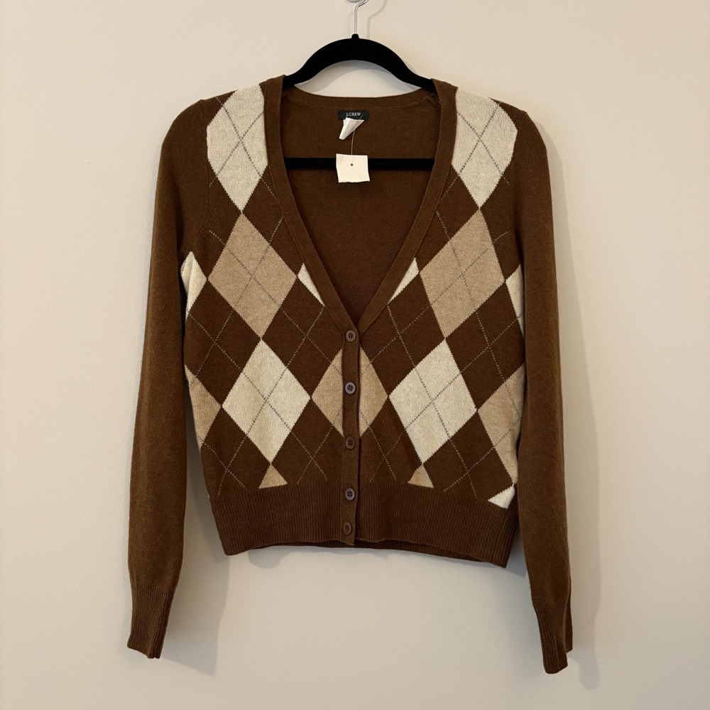 NWT J Crew Cashmere Wool Brown Argyle Cardigan Sweater Size S Old Money Academia